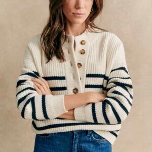 Sezane Cream Striped Button-Up Knit Sweater with Navy Bands